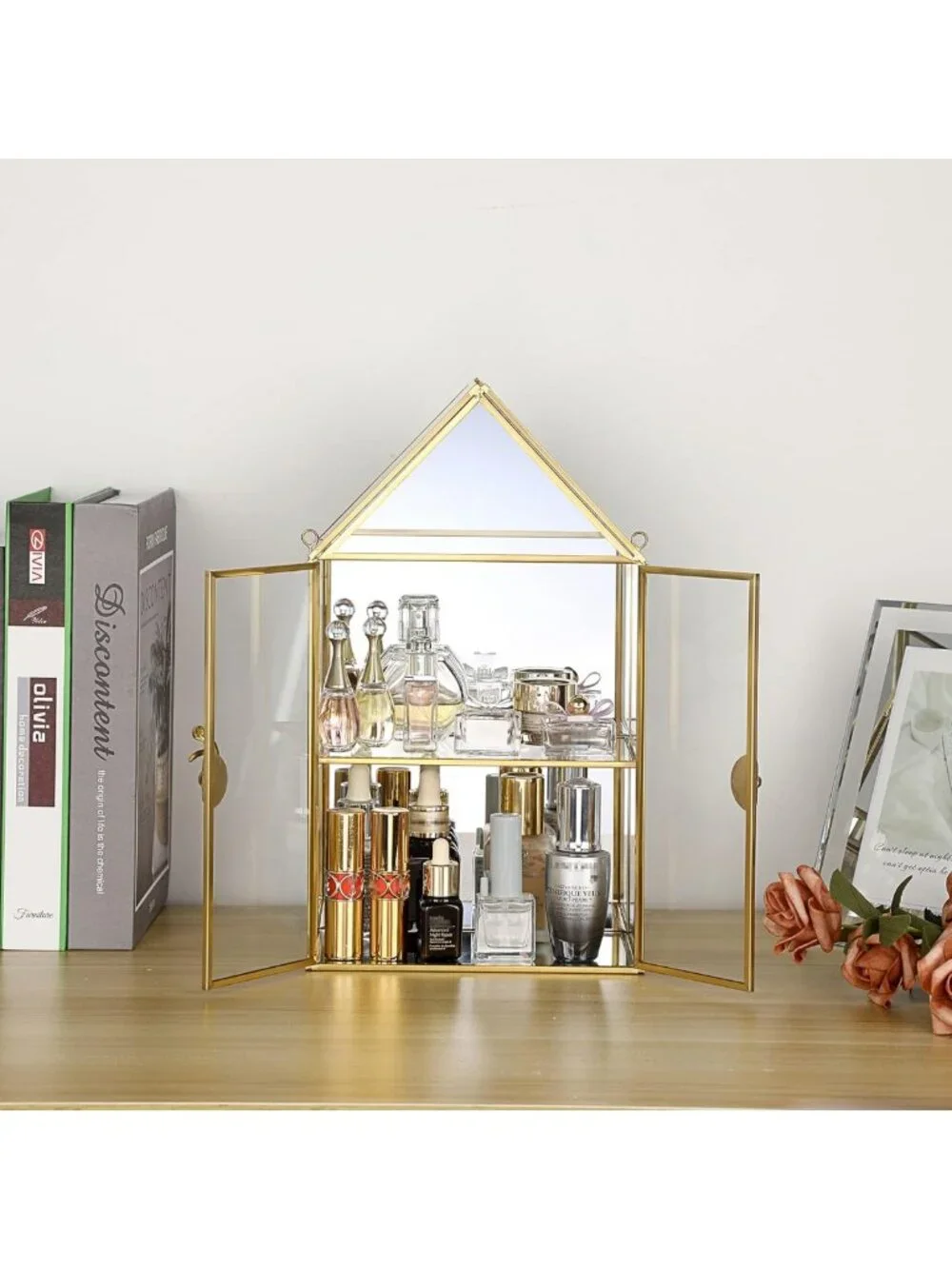 2-Tier Clear Glass Jewelry & Makeup Organizer, Gold Mirrored Decorative Storage